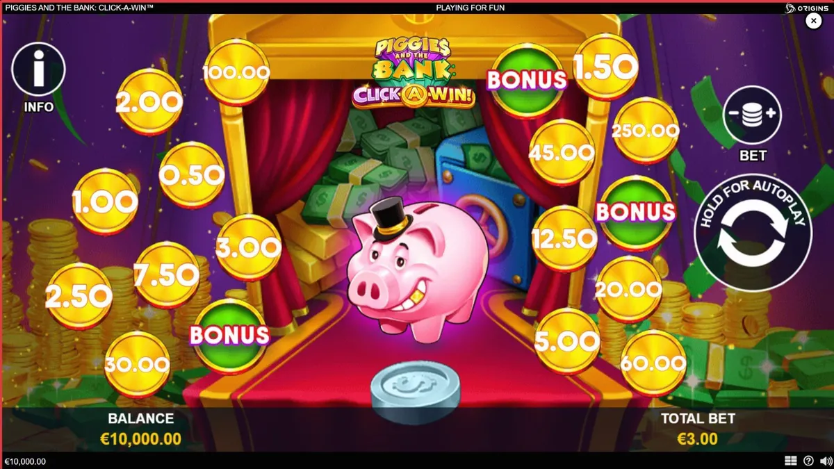 Piggies and the Bank: Click-A-Win slot game interface with a wealthy pig character.